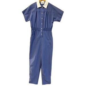 My Kinda Petite Jumpsuit Womens 10 Blue Vintage 80s Smocked Waist Made in USA